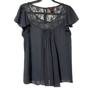 Lace Overlay Flutter Sleeve Womens Blouse DmBm Gray Size M Button Back